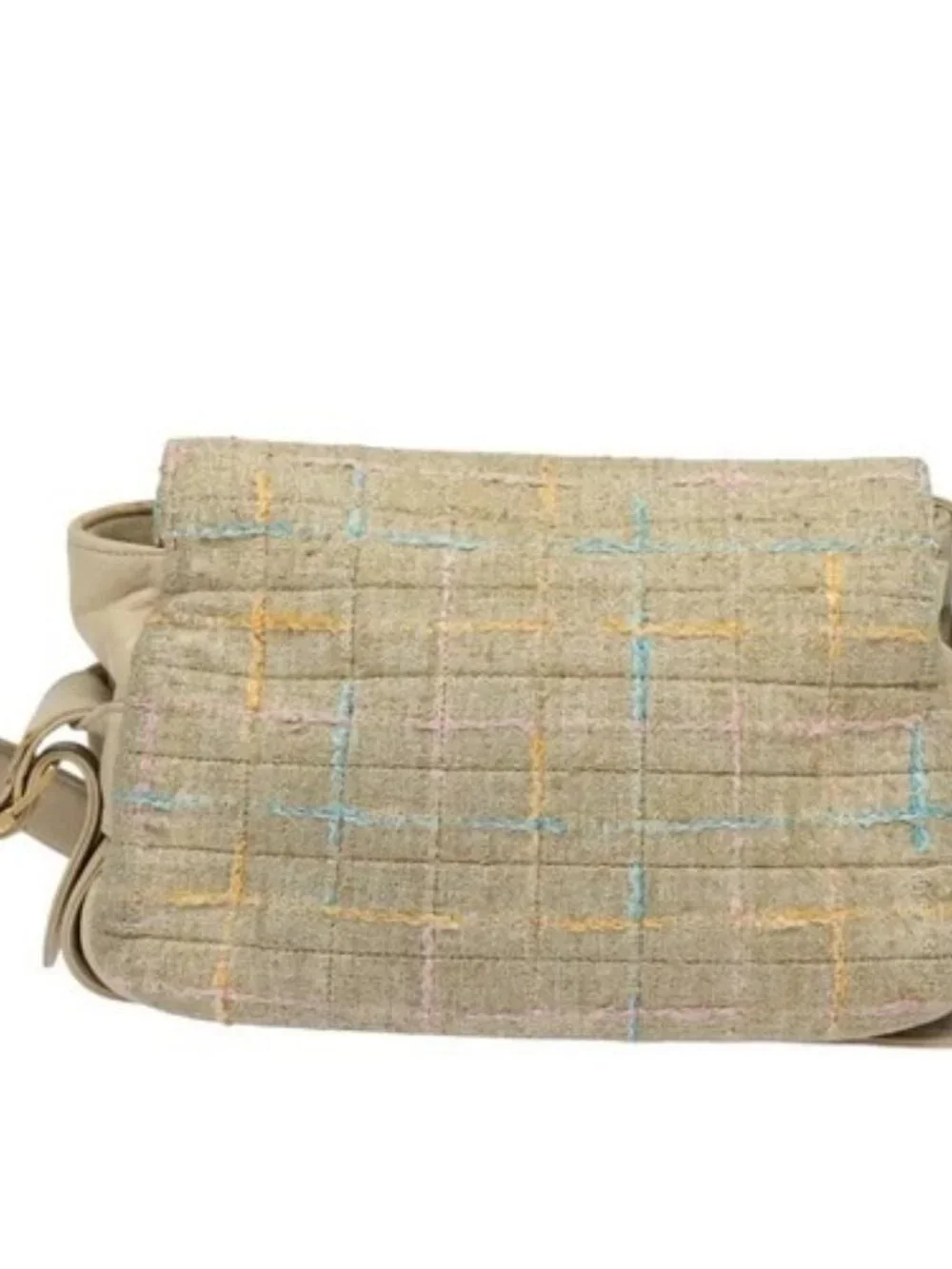 CHANEL Choco Bar Turn Lock Shoulder Bag Wool Multicolor CC Auth bs15780